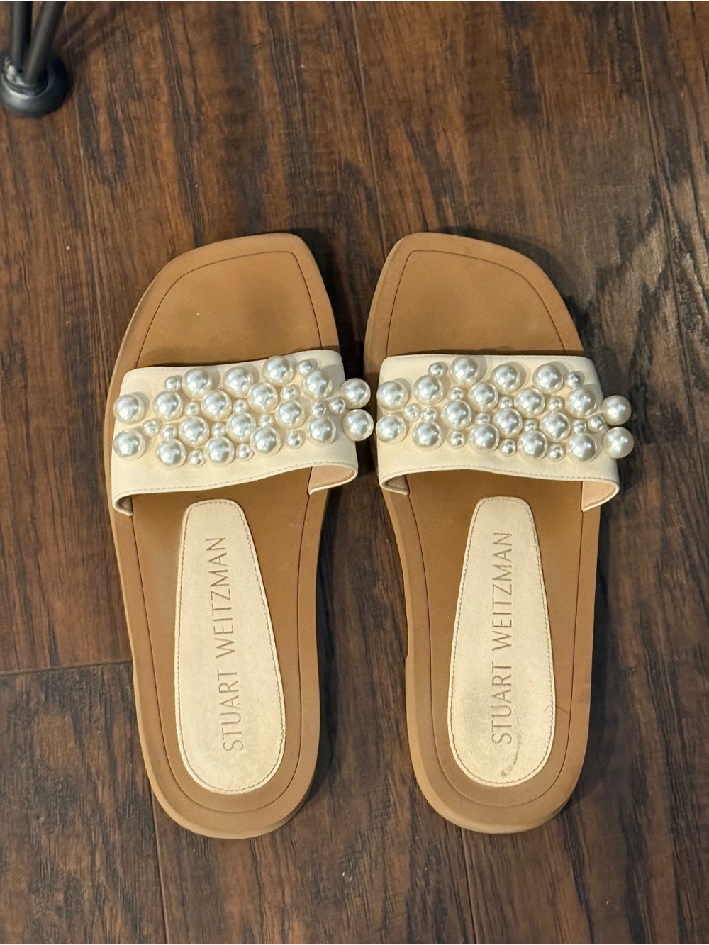 Stuart Weitzman Cream Pearl-Embellished Slide Sandals